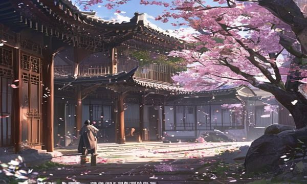 乙女游戏新作《书院秘密》场景图，古典书院庭院中樱花飘落，男主角身着古装倚树而立，东方美学风格突出