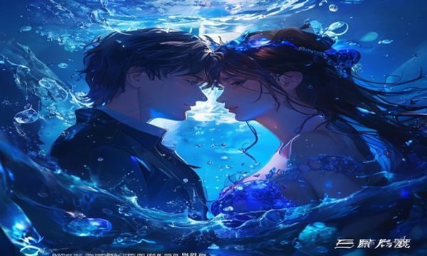 乙女游戏新作《深海恋人》游戏截图，海洋主题唯美场景，蓝色光晕中男主角与女主角对视，浪漫氛围浓郁